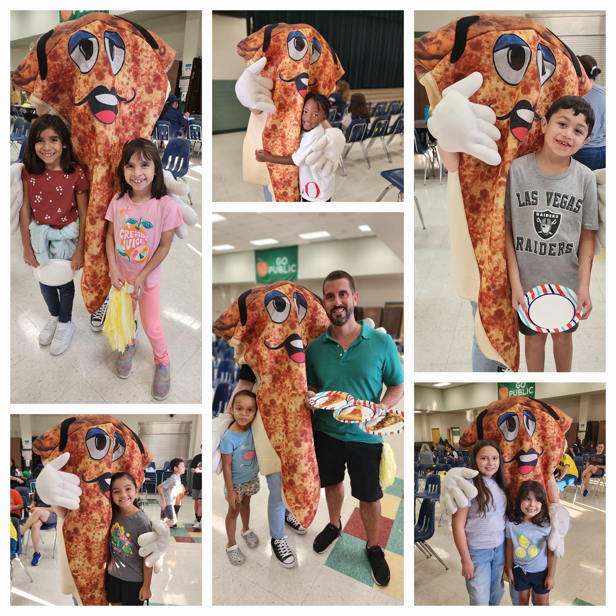 A collage of parents and students taking a picture with the Mattenga Pizzaria mascot.