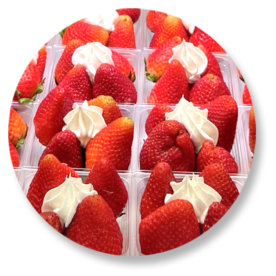 Trays of strawberries with whipped topping