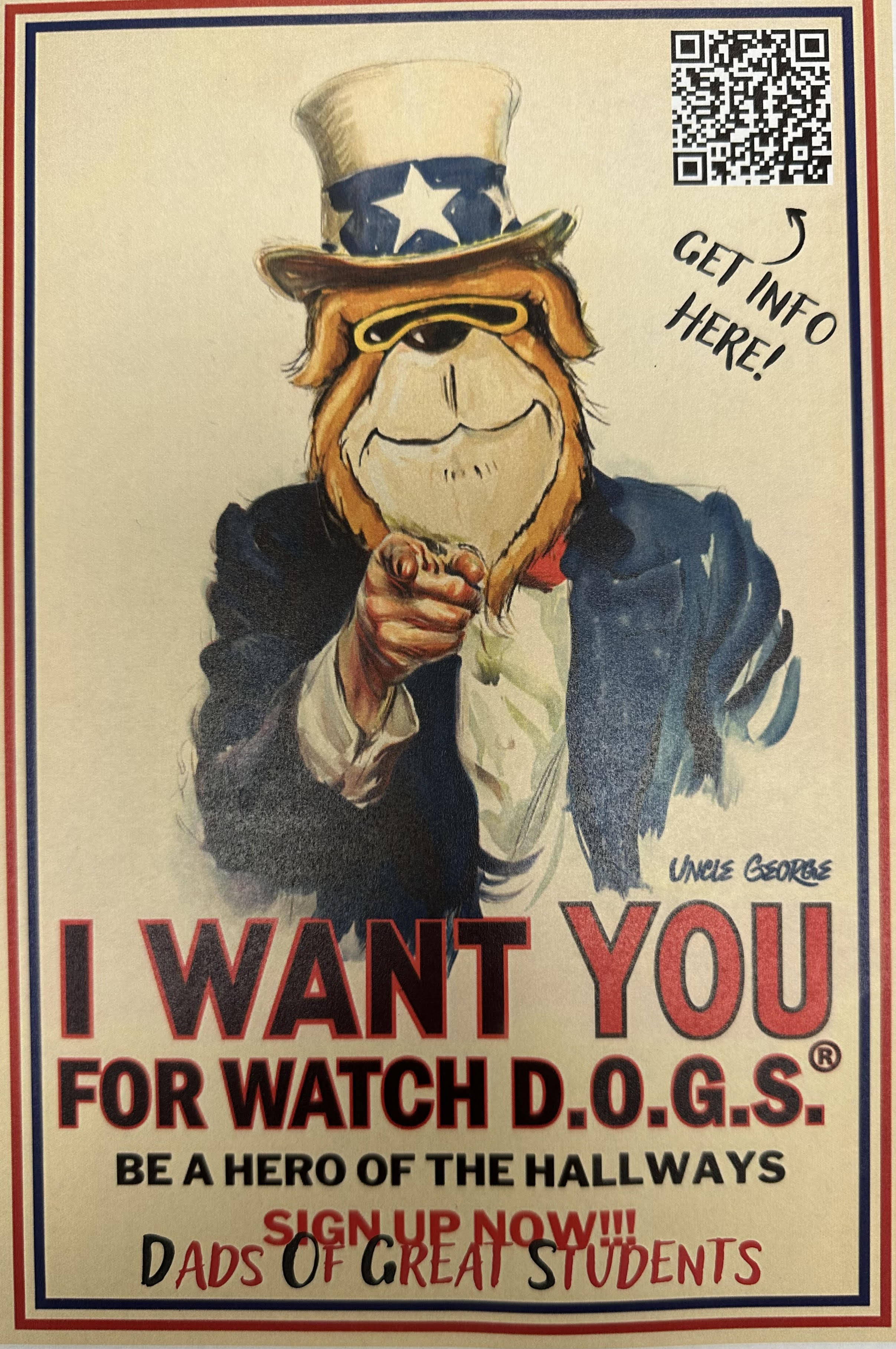 Pic of Watch D.O.G.S. logo looking like Uncle Sam with above information on it