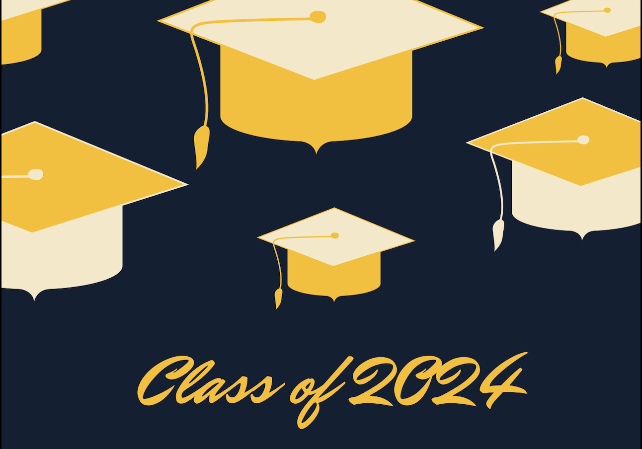 Navy background, gold caps, Class of 2024