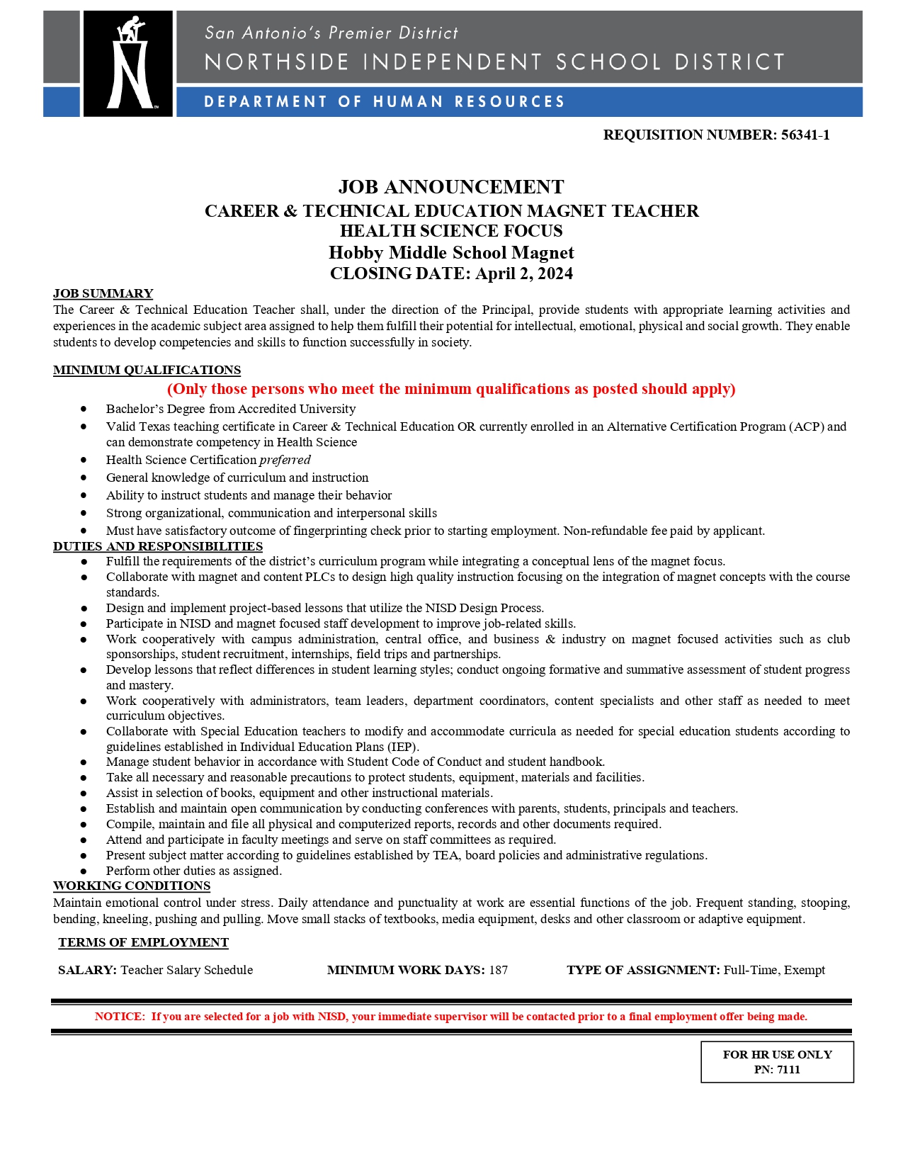 CTE with health focused magnet job application position for Hobby MS
