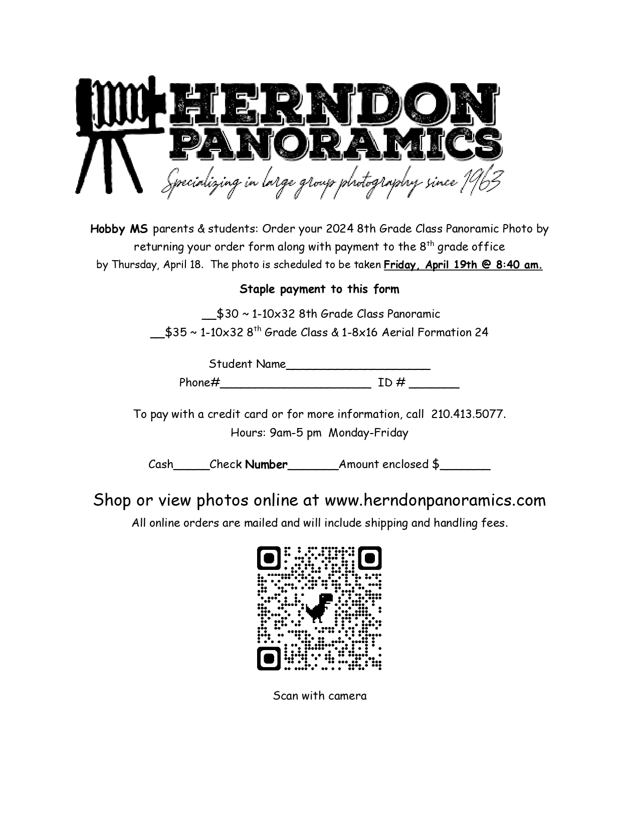 Flyer for henderson panoramics offering school photo services, featuring a qr code, details on pricing, and order instructions, with a decorative aerial formations silhouette at the top.