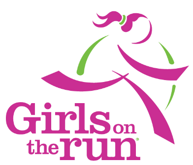 Logo for Girls on the Run with a abstract art pic of a girl running and Girls on the run text