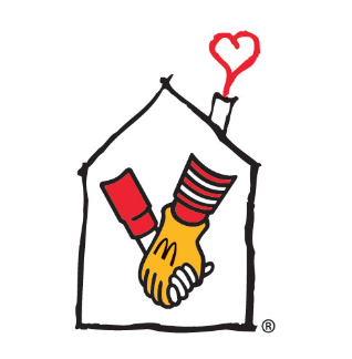 Ronald McDonald House Charities Logo with a drawing of a house and chimney with a hear coming out of the chimney and Ronald McDonald's hand holding another hand