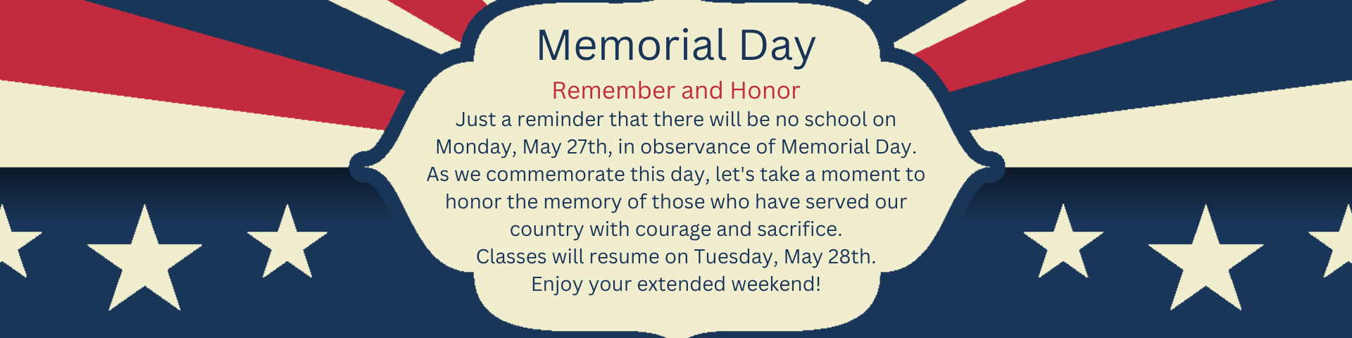 Memorial Day reminder - No School on Monday, May 27th