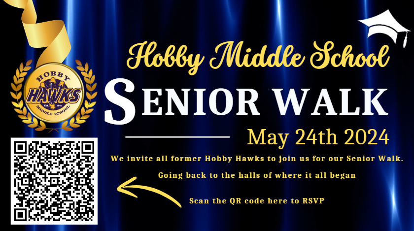 blue and white curtain illustration with white and yellow letters stating the senior walk is on may 24th