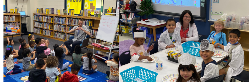 Mr. Tedesco teaching Pre Kinder students in the library. Ms. Eid (Kinder) teaching Doctor activity