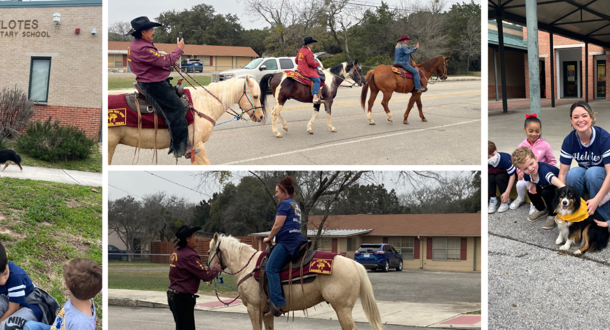 Pic Collage of Trail Riders passing in front of Helotes Elementary and their cattle dog Bandit exploring our school and visiting staff and students