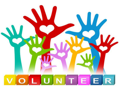 Image of colorful hands reaching out. Has the word Volunteer at the bottom.