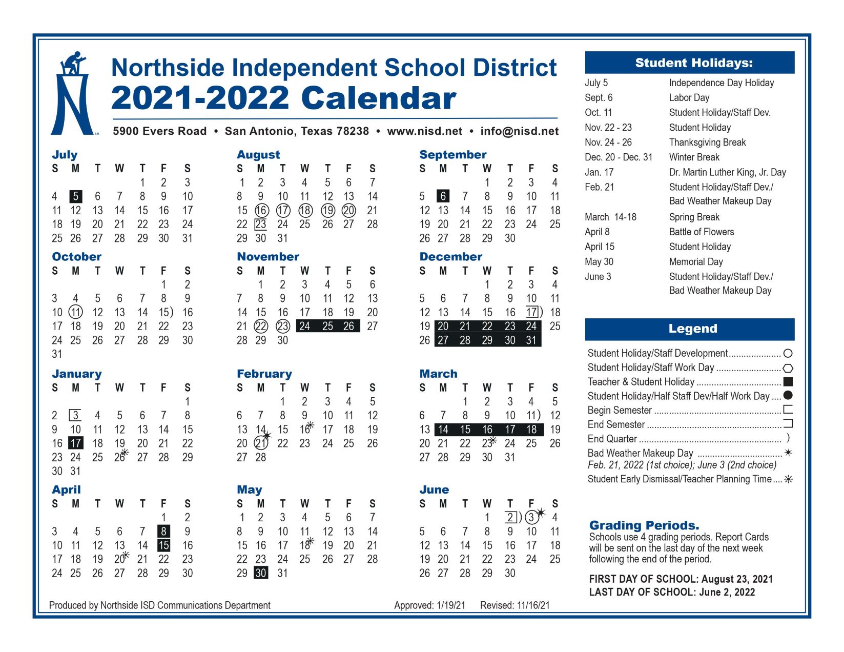 Nisd 2021 To 2022 Calendar Customize and Print