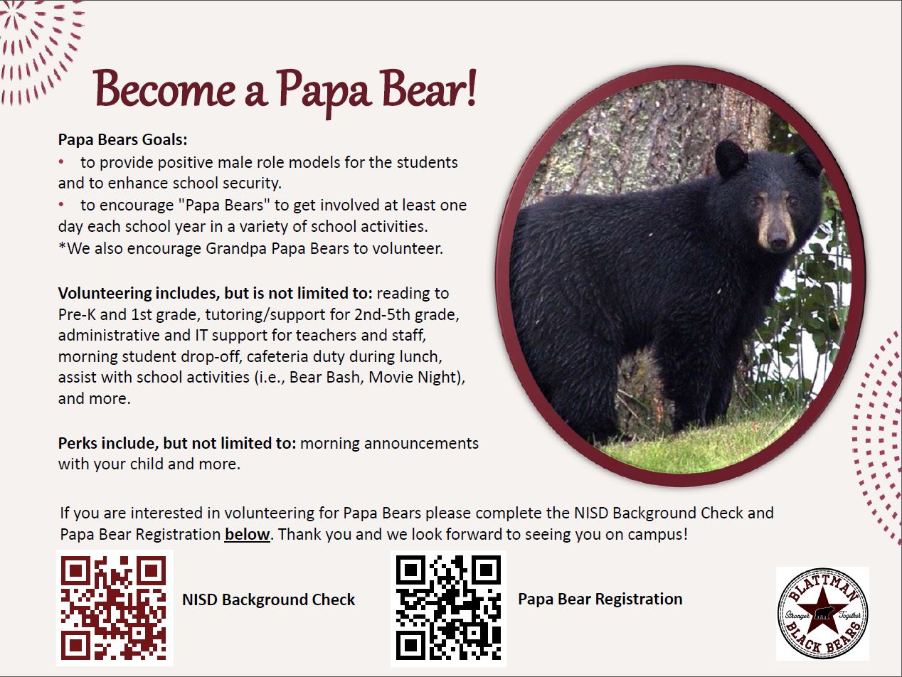 Papa Bear Flyer with QR codes to FAQs, Background Check and Papa Bear Registration