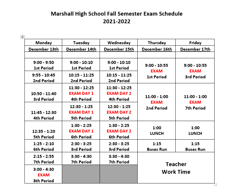 Fall 2021 Semester Exam Schedule