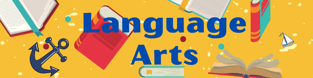 Banner with yellow background, floating books, an anchor and a small sail boat  with the words "Language Arts"