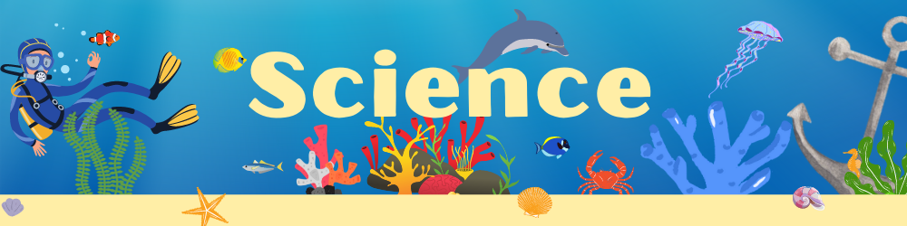 Banner with an under sea setting with fish, coral, diver and an anchor. With the word "Science"