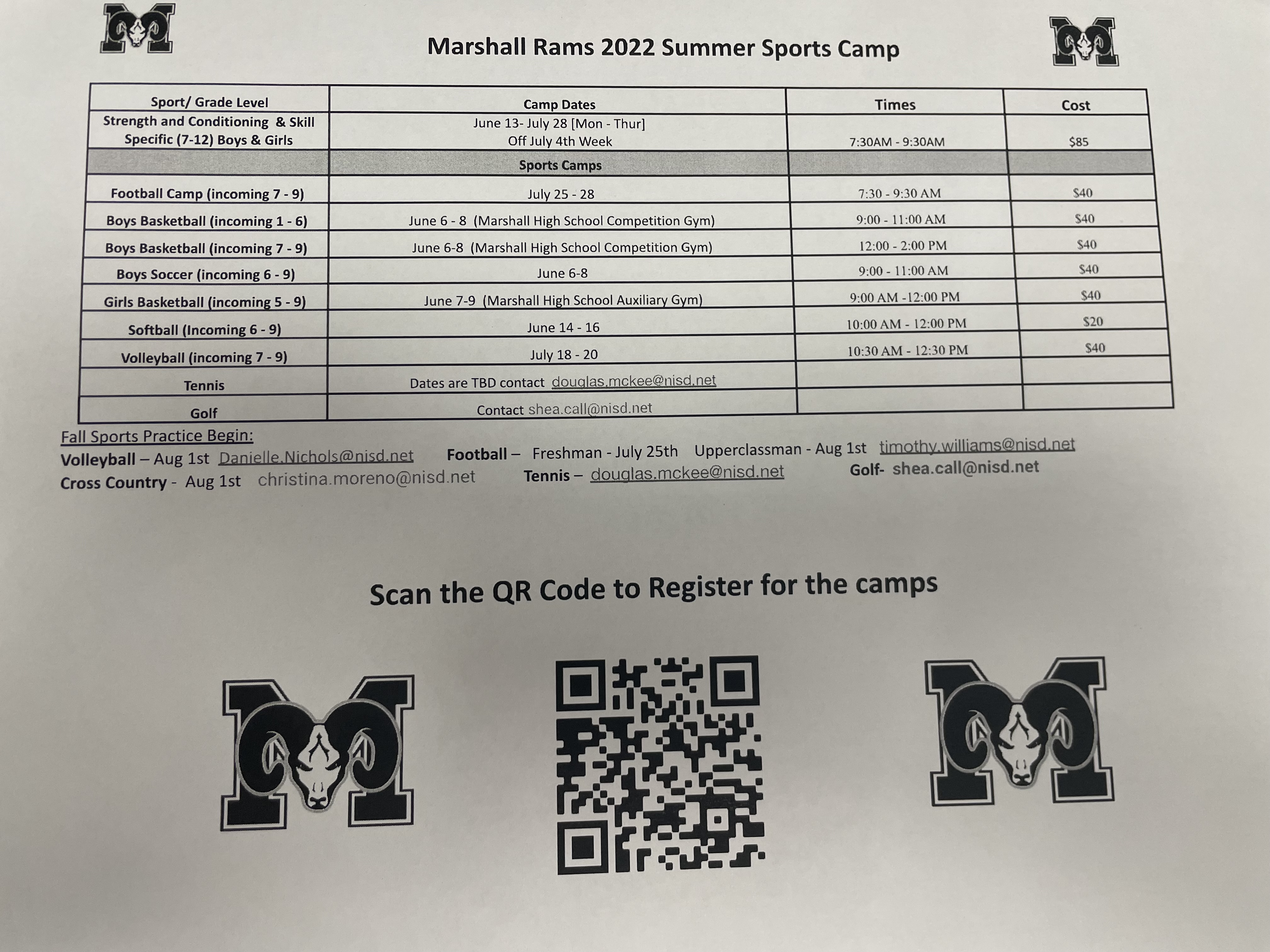 Marshall Rams 2022 Summer Sports Camp Information