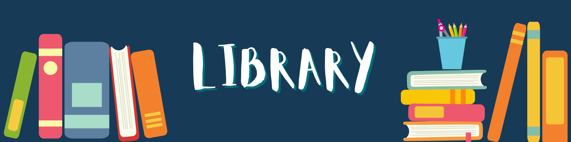 A blue banner with colorful books and the word Library in white letters.