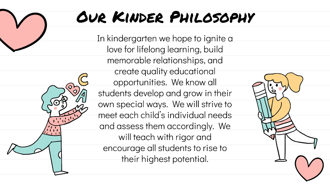 Our Kinder Philosophy. In kindergarten we hope to ignite a love for lifelong learning, build memorable relationships, and create quality educational opportunities.  We know all students develop and grow in their own special ways.  We will strive to meet each child’s individual needs and assess them accordingly.  We will teach with rigor and encourage all students to rise to their highest potential.