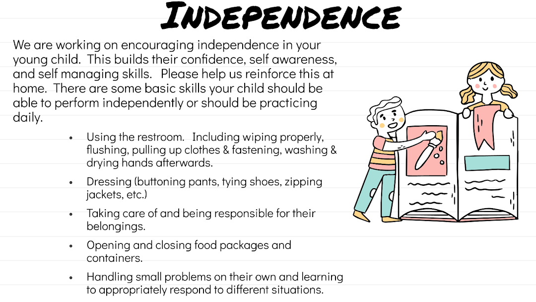 Independence: We are working on encouraging independence in your young child.  This builds their confidence, self awareness, and self managing skills.  Please help us reinforce this at home.  There are some basic skills your child should be able to perform independently or should be practicing daily.  