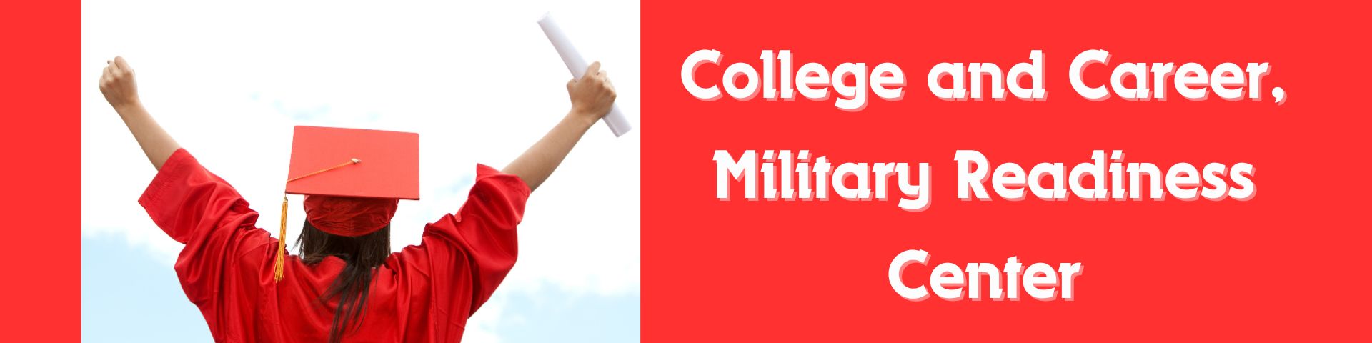 student wearing red graduation cap and gown and holding diploma arms extend upward and facing backwards