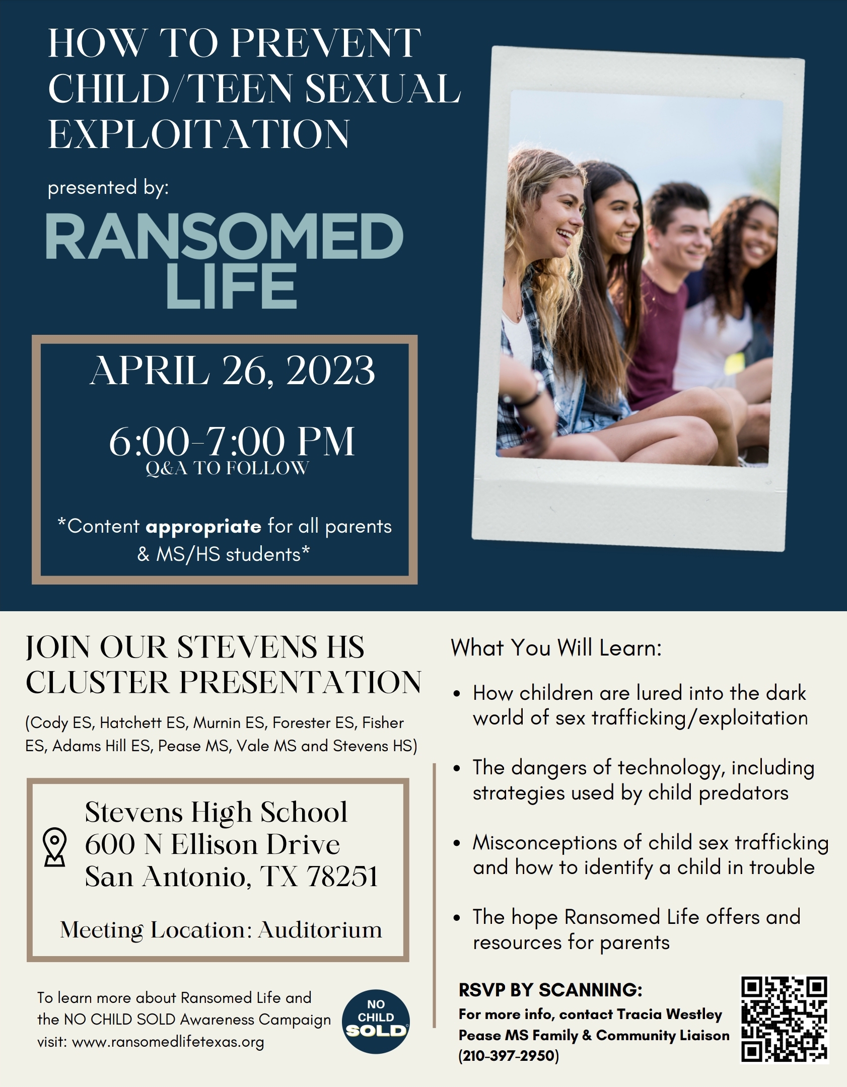 How to prevent Child/Teen Sexual Exploitation. 4/26/23. 6-7 pm. Stevens High School Auditorium 
