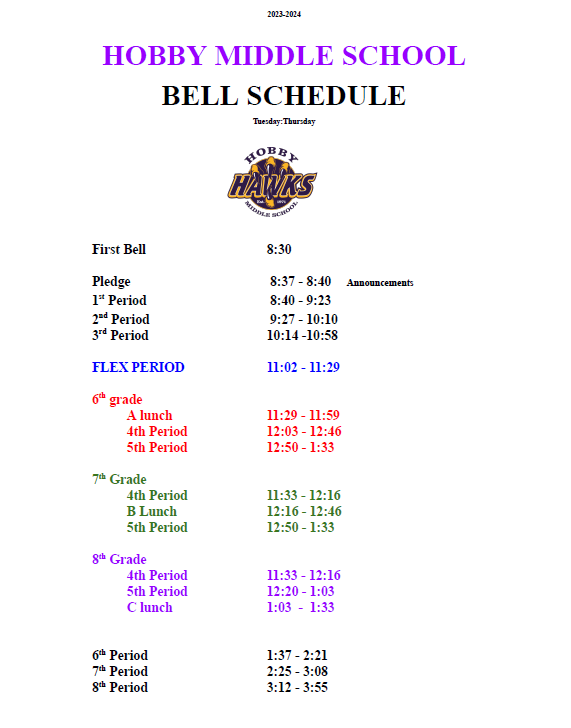 Hobby Middle School Flex Bell Schedule. Image links to a pdf version of the bell schedule.