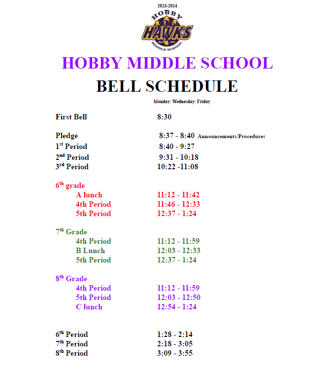 Hobby Middle School Bell Schedule. Image links to a pdf version of the bell schedule.