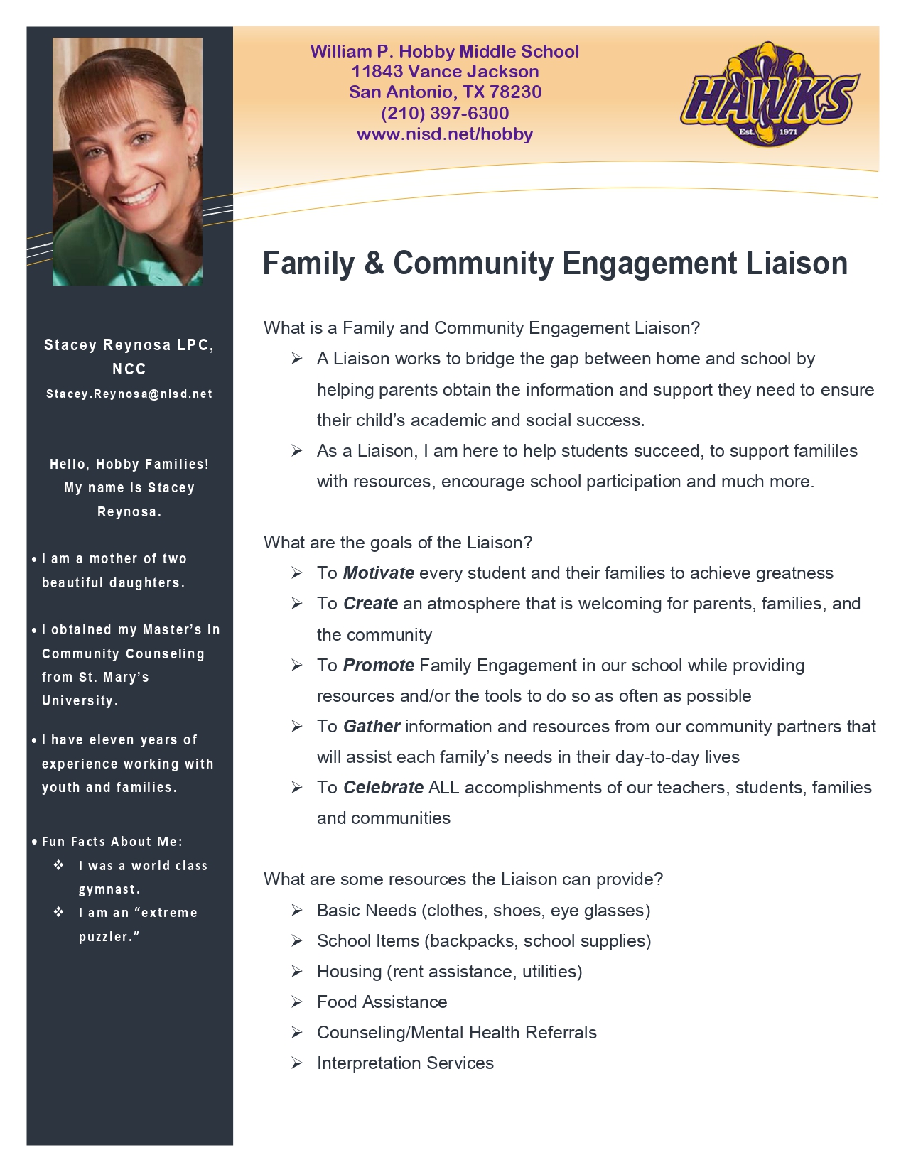 Welcome page for Stacey the family liaison at Hobby Middle School. has about information. Click here for more information