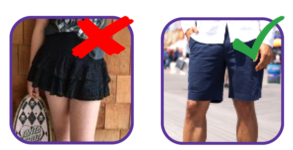 Skirt/dress/short length must be mid thigh or longer