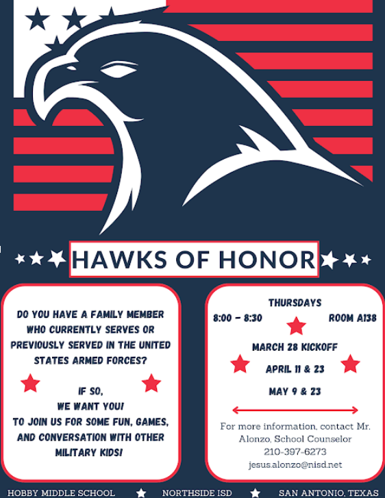 red white and blue illustration of a hawk and flag. black letterings describing hawks of honor
