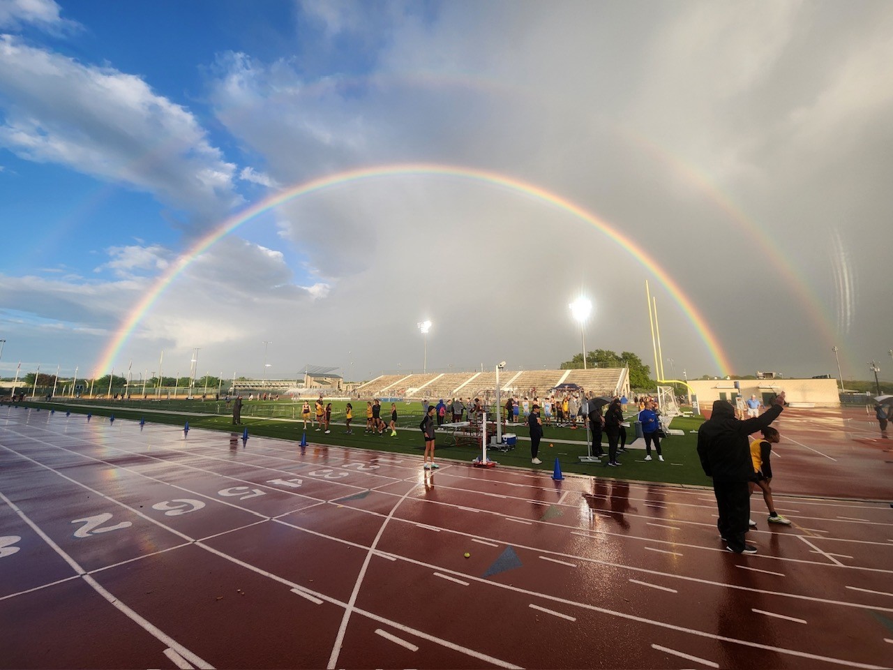 A double rainbow extended all the way across the sky over the Meet of Champions