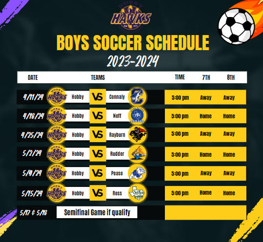 Dark illustration with yellow and black lettering showing the schedule for the 2024 Boys Soccer schedule