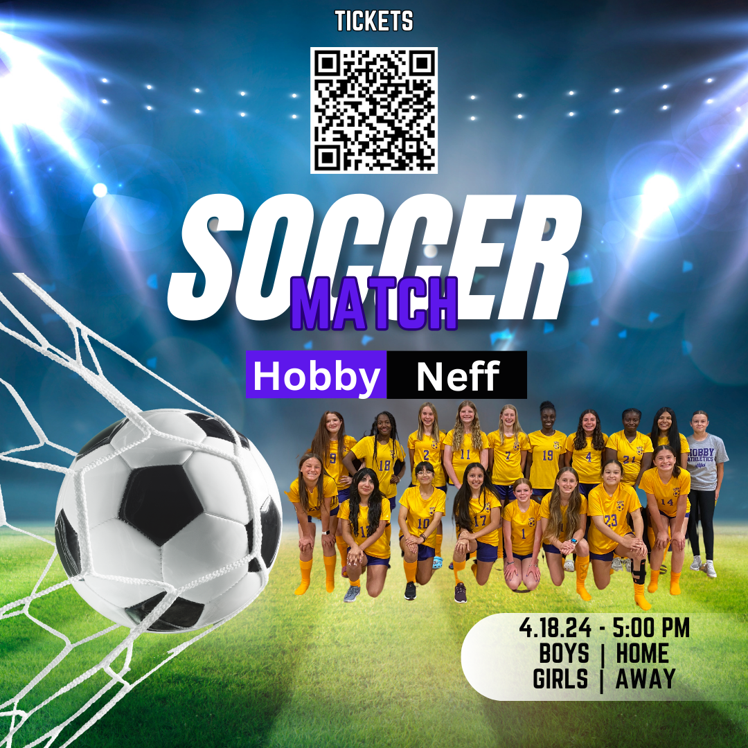 black and green illustration with white lettering saying hobby vs Neff soccer match is on april 18th