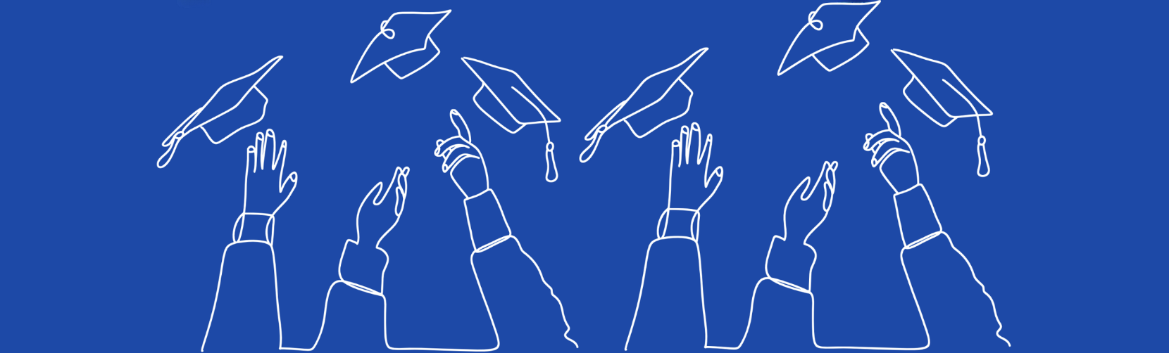 Graphic image of three blue graduation caps in a row with a solid dark blue background. 