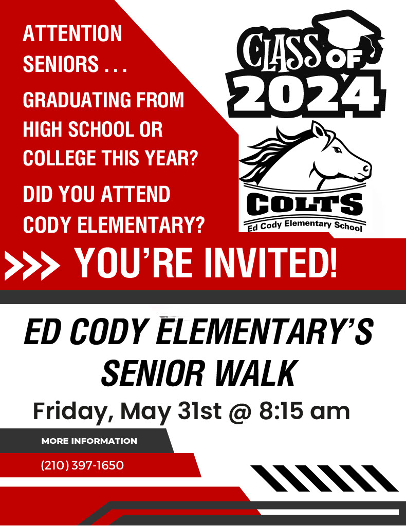 Red and white poster with Senior Walk information.