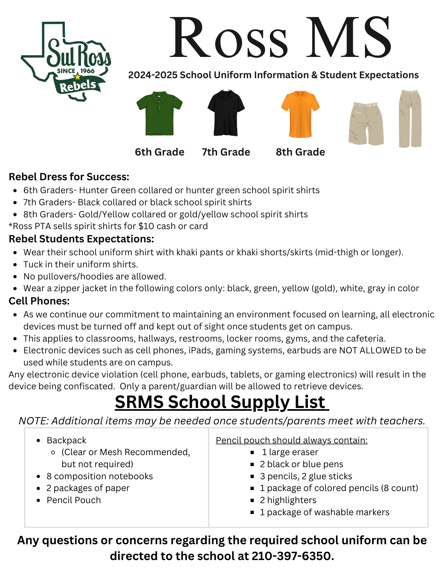 School Supplies and Student Expectations for 2024 2025 Ross Middle