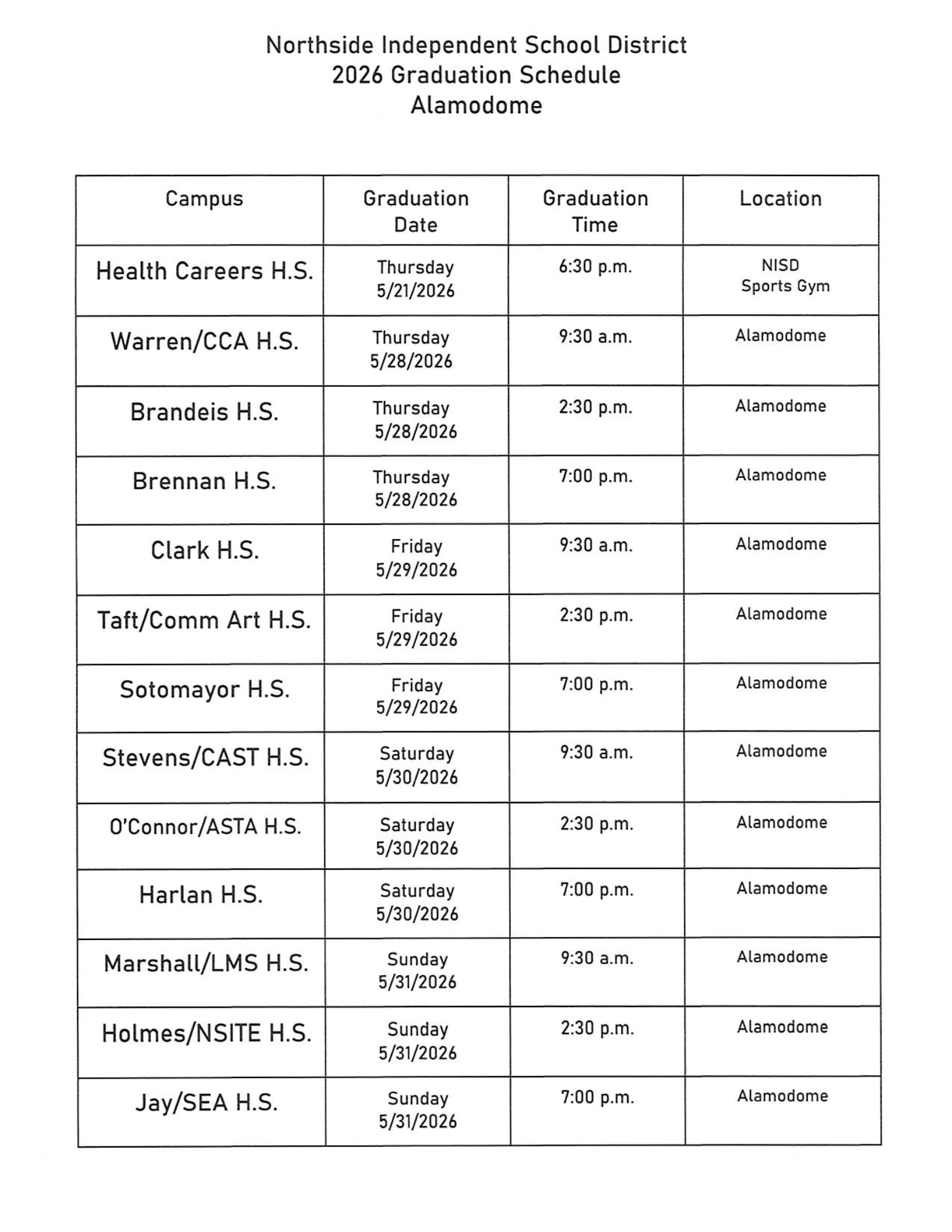 District 2026 Graduation Schedule - Sotomayor HS Friday 5/29/26 7:00pm at the Alamodome