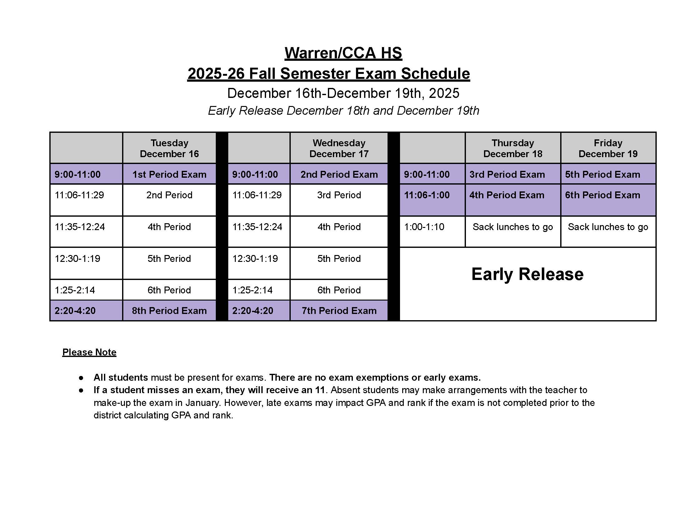 Fall Semester Exam Schedule