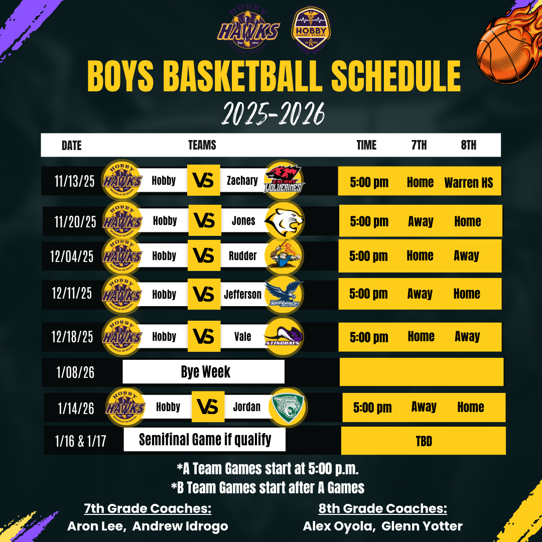 black background basketball schedule with yellow and purple slashes. Basketball in top rigt corner with hobby ms logos and black lettering 