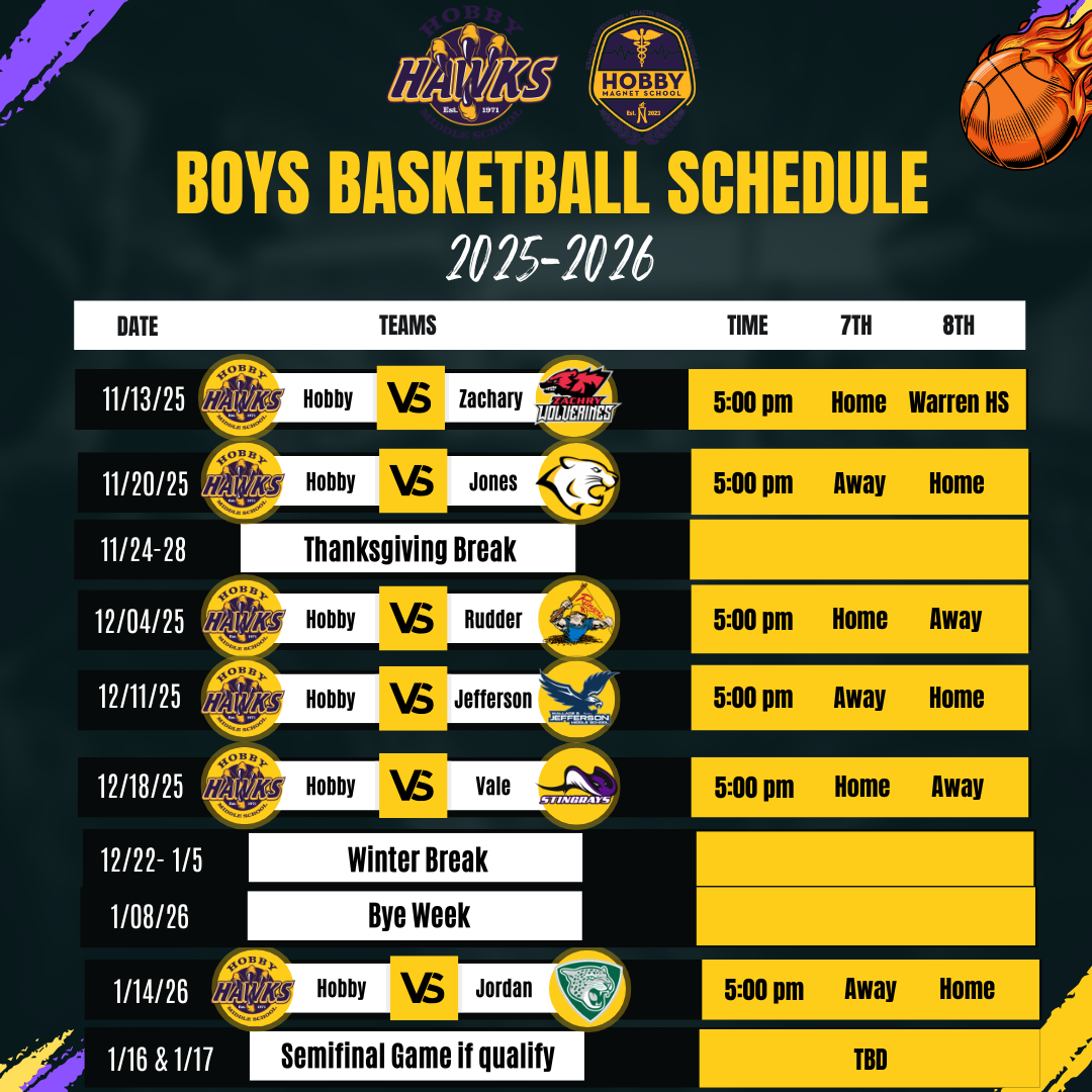 black background basketball schedule with yellow and purple slashes. Basketball in top rigt corner with hobby ms logos and black lettering 