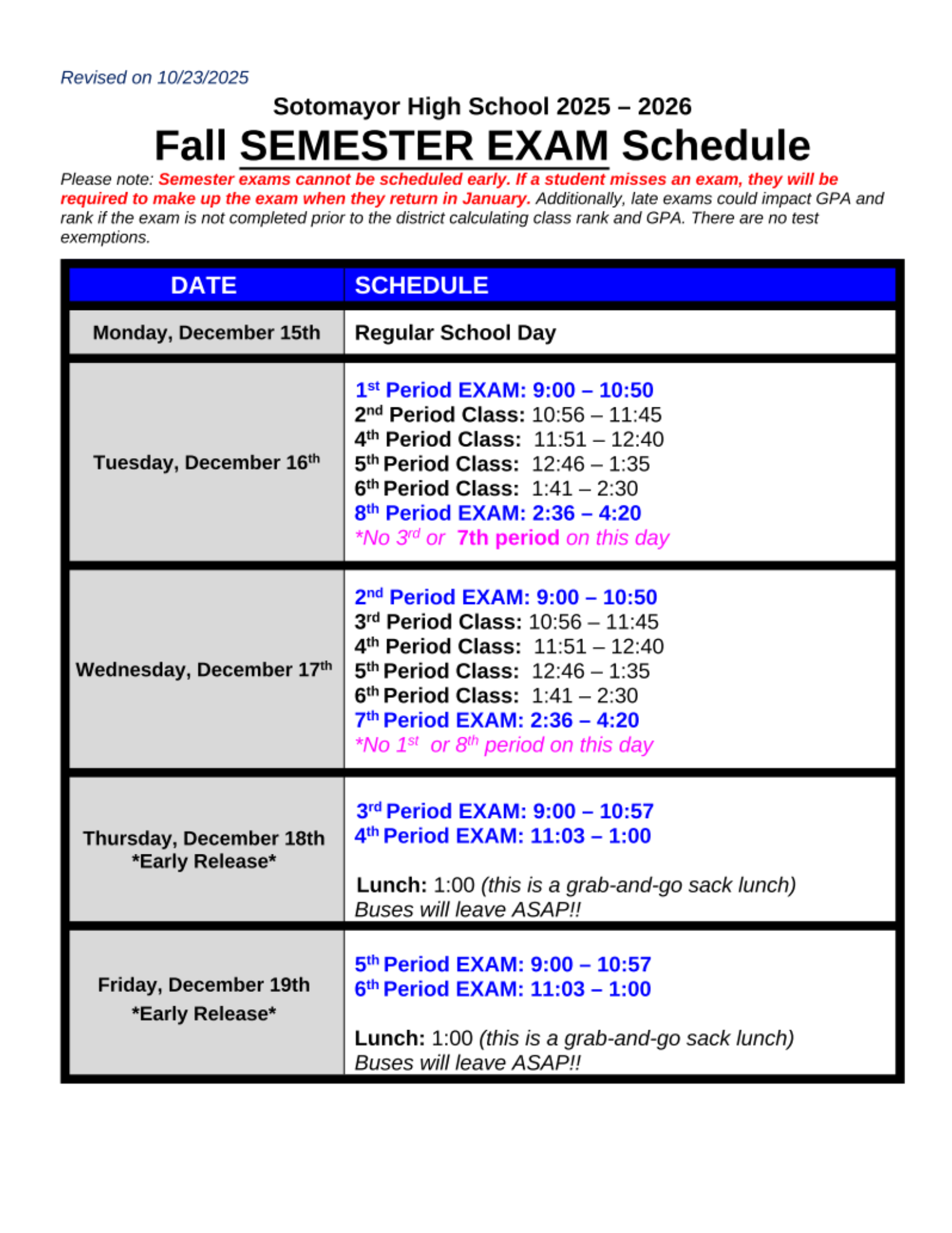 2025 Fall Semester Exam Schedule. December 15th thru 19th. Please note: Semester exams cannot be scheduled early. If a student misses an exam, they will be required to make up the exam when they return in January. Additionally, late exams could impact GPA and rank if the exam is not completed prior to the district calculating class rank and GPA. There are no test exemptions.