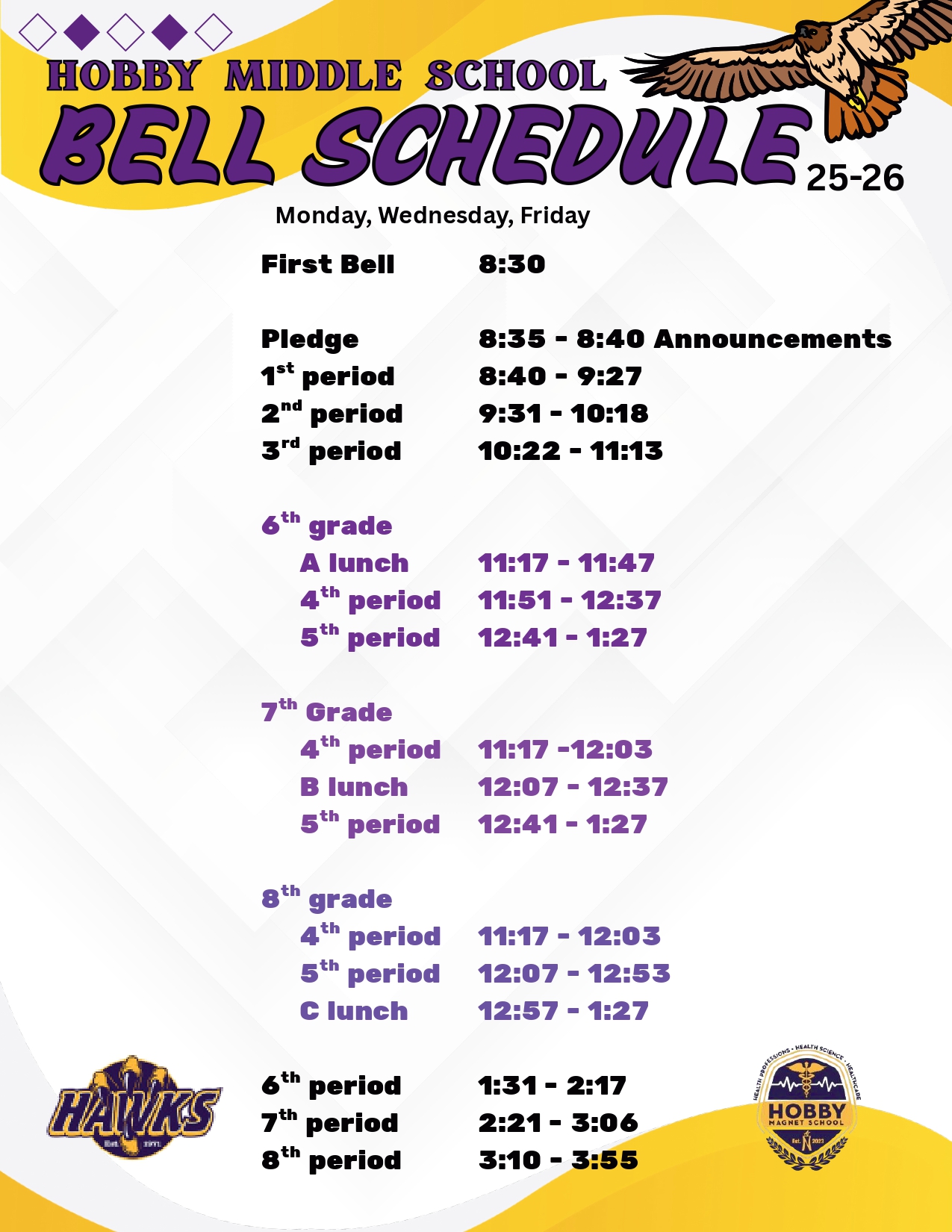 Hobby Middle School Flex Bell Schedule. Image links to a pdf version of the bell schedule.
