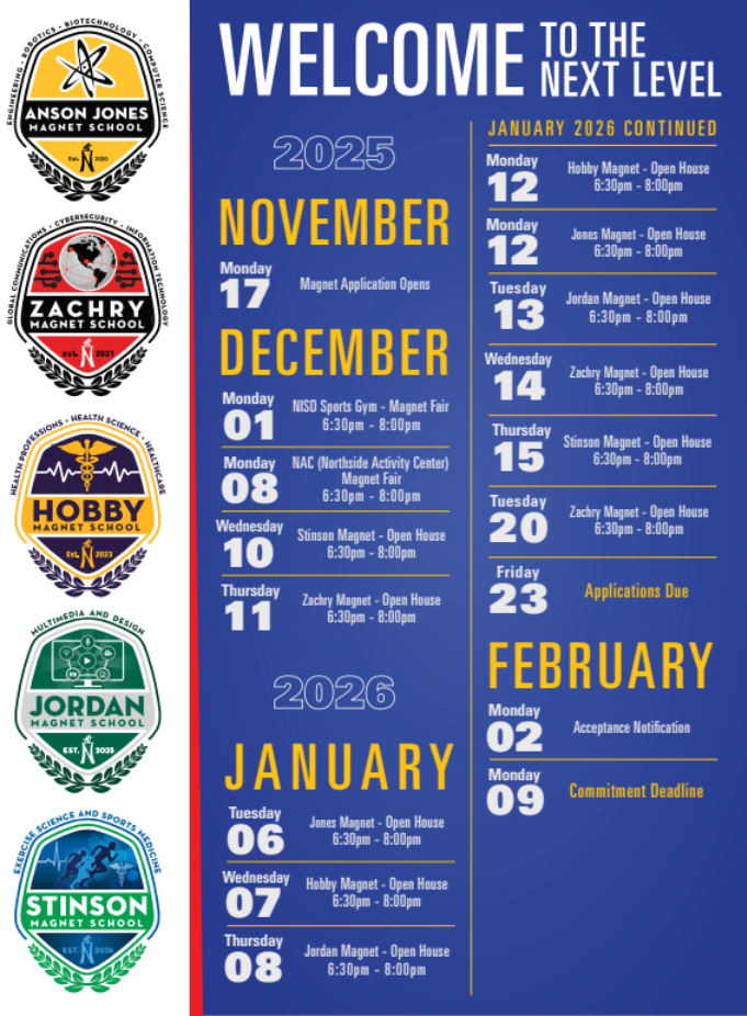 NISD High School & Middle School Magnet Information-Applications Open November 17, 2025 Open Experience the Excitement at our Magnet Fairs! configuration options Experience the Excitement at our Magnet Fairs! Mark your calendars and get ready to embark on a journey of discovery!  Northside ISD invites all 5th-grade families to our upcoming Magnet Fairs at the Northside  Sports Gym and the Paul Taylor Fieldhouse.  These fairs are your gateway to exploring the exceptional educational opportunities our  magnet