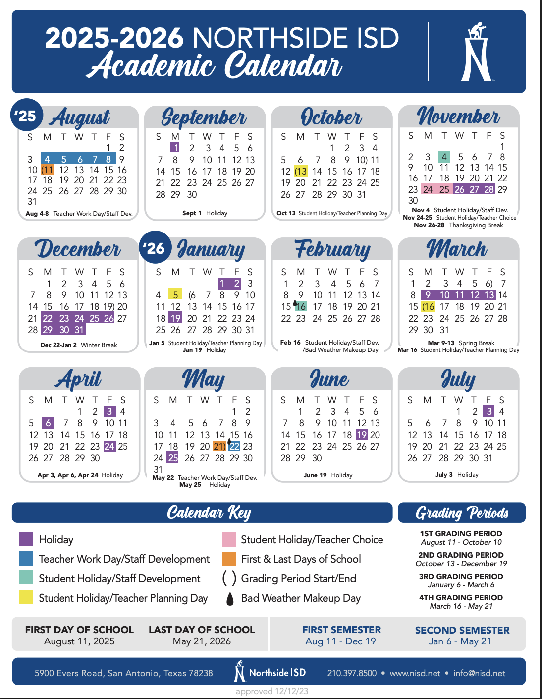 2025-2026 NISD Academic Calendar