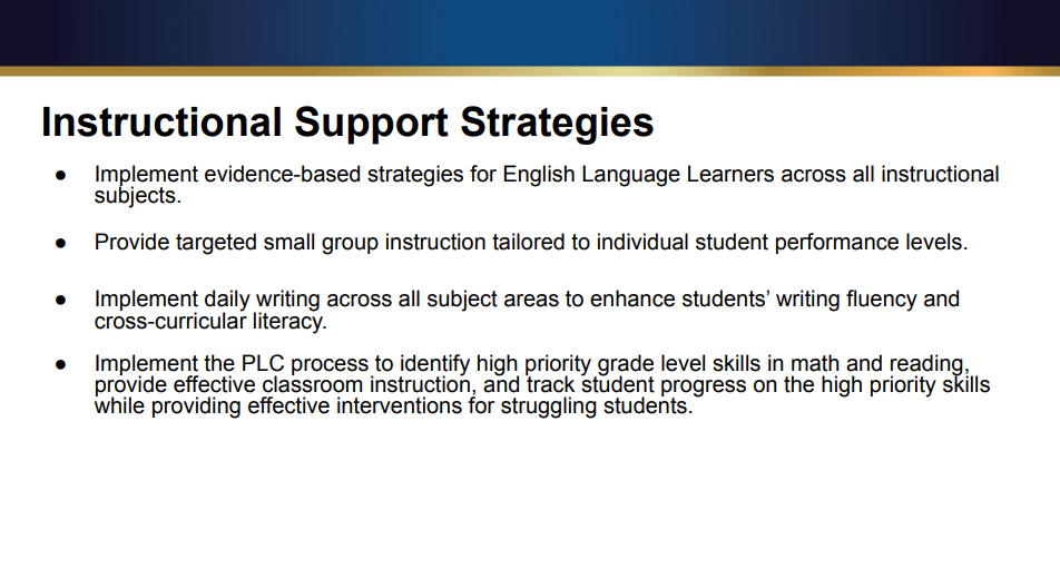 Instructional Support Strategies ● Implement evidence-based strategies for English Language Learners across all instructional subjects. ● Provide targeted small group instruction tailored to individual student performance levels. ● Implement daily writing across all subject areas to enhance students’ writing fluency and cross-curricular literacy. ● Implement the PLC process to identify high priority grade level skills in math and reading, provide effective classroom instruction, and track student progress o