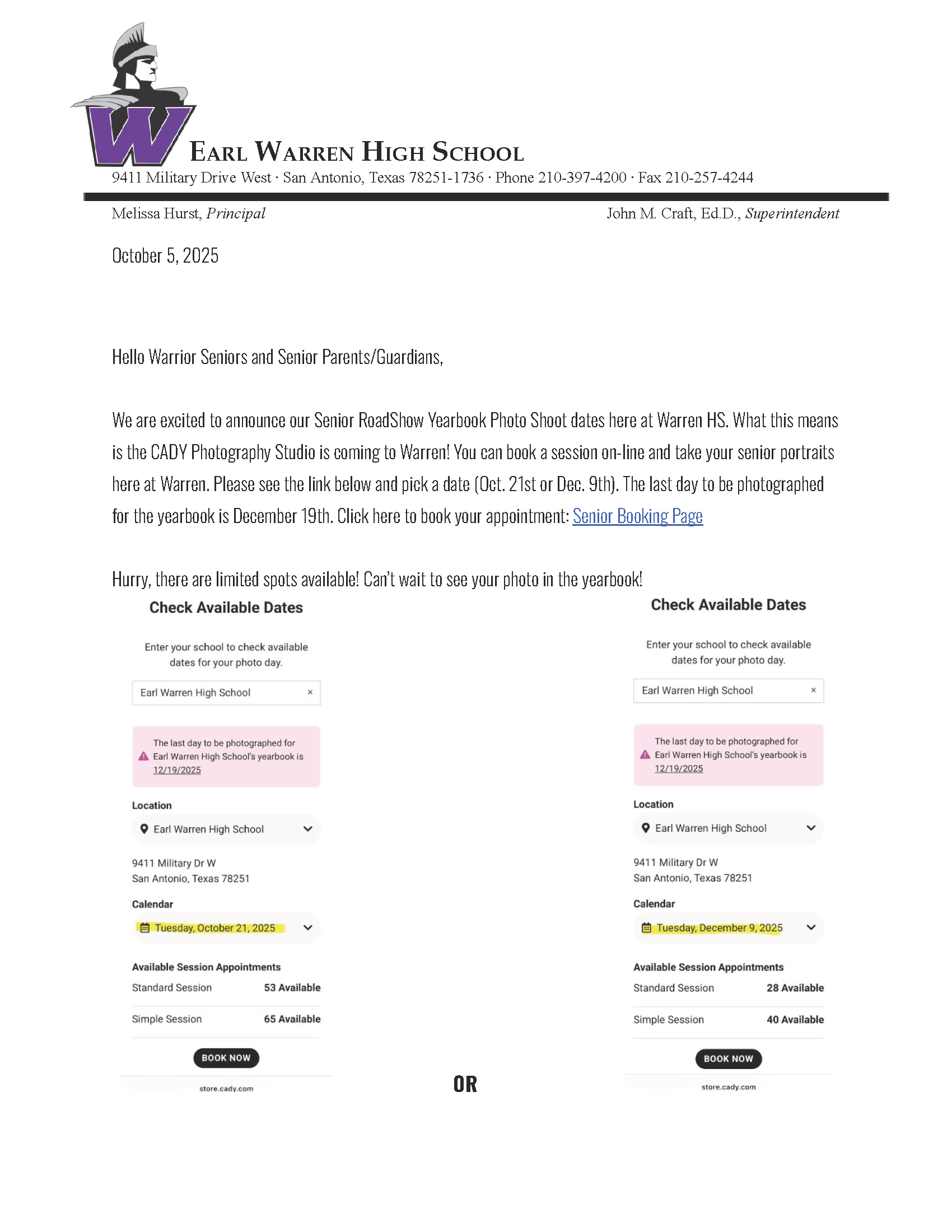 Warren letter regarding Cady Roadshow for senior photos