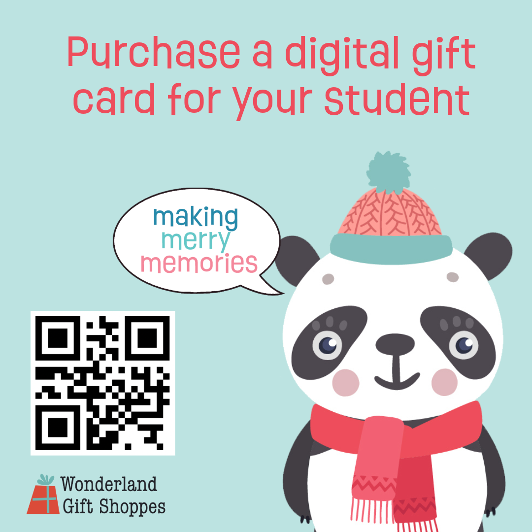 cute panda saying, "making merry memories", with QR code to the Wonderland Gift Shoppes