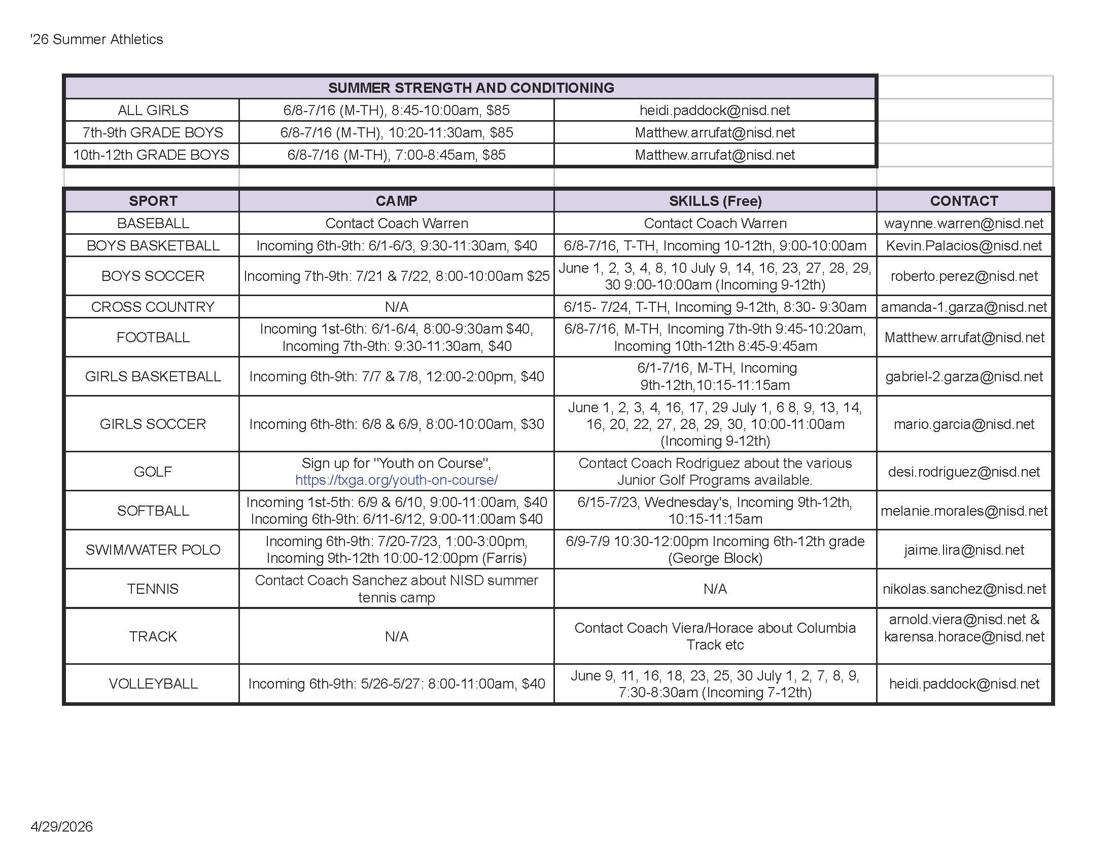Warren Summer Athletics points of contact