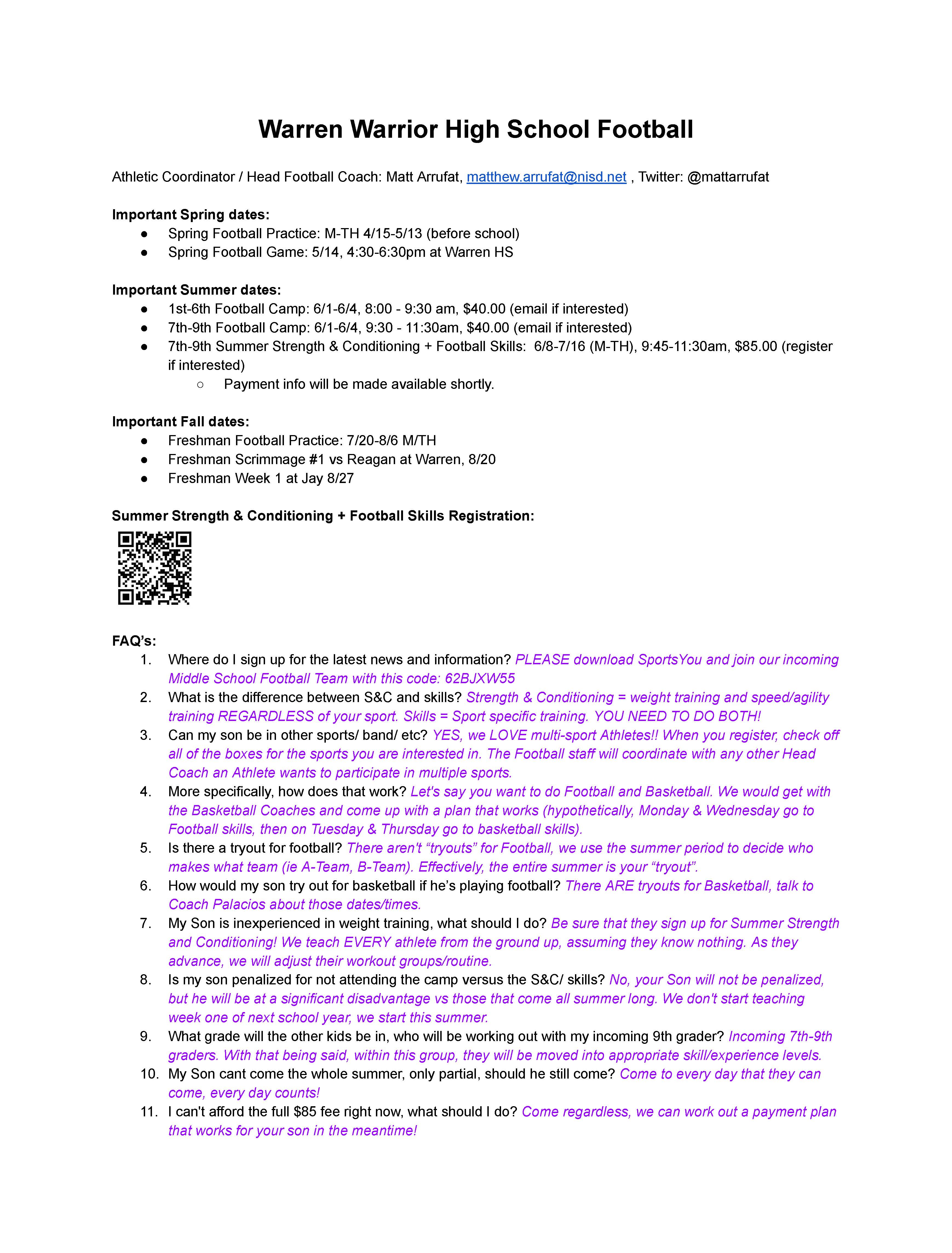 Warren Summer Football Information