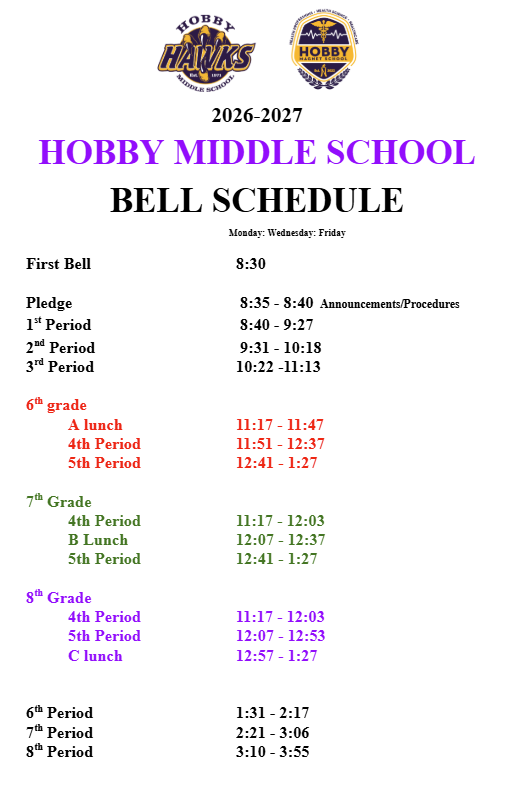 Hobby Middle School Flex Bell Schedule. Image links to a pdf version of the bell schedule.