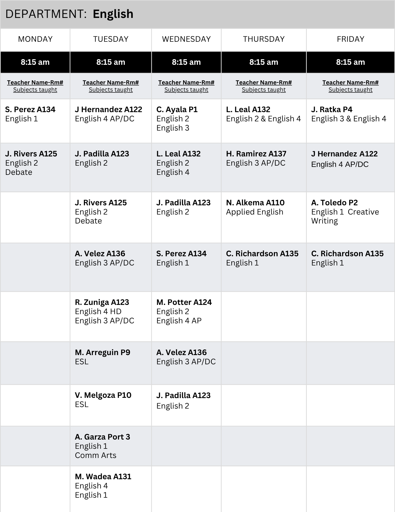 English/ESL Tutoring Schedule